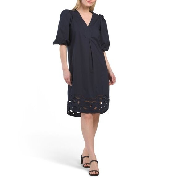 🆕 FOR CYNTHIA Navy Puff Sleeve Embroidered Hem Midi Dress - Picture 2 of 15